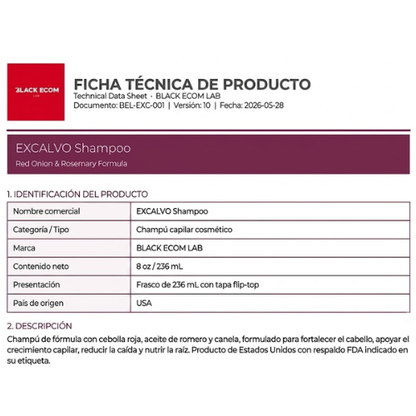 SHAMPOO EXCALVO - CON FORMULA NATURAL PARA REDUCIR CAÍDA Y AUMENTAR CRECIMIENTO